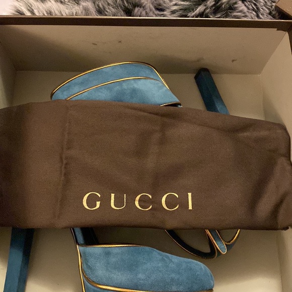 Gucci Teal/Gold suede heels 8 - Picture 9 of 9